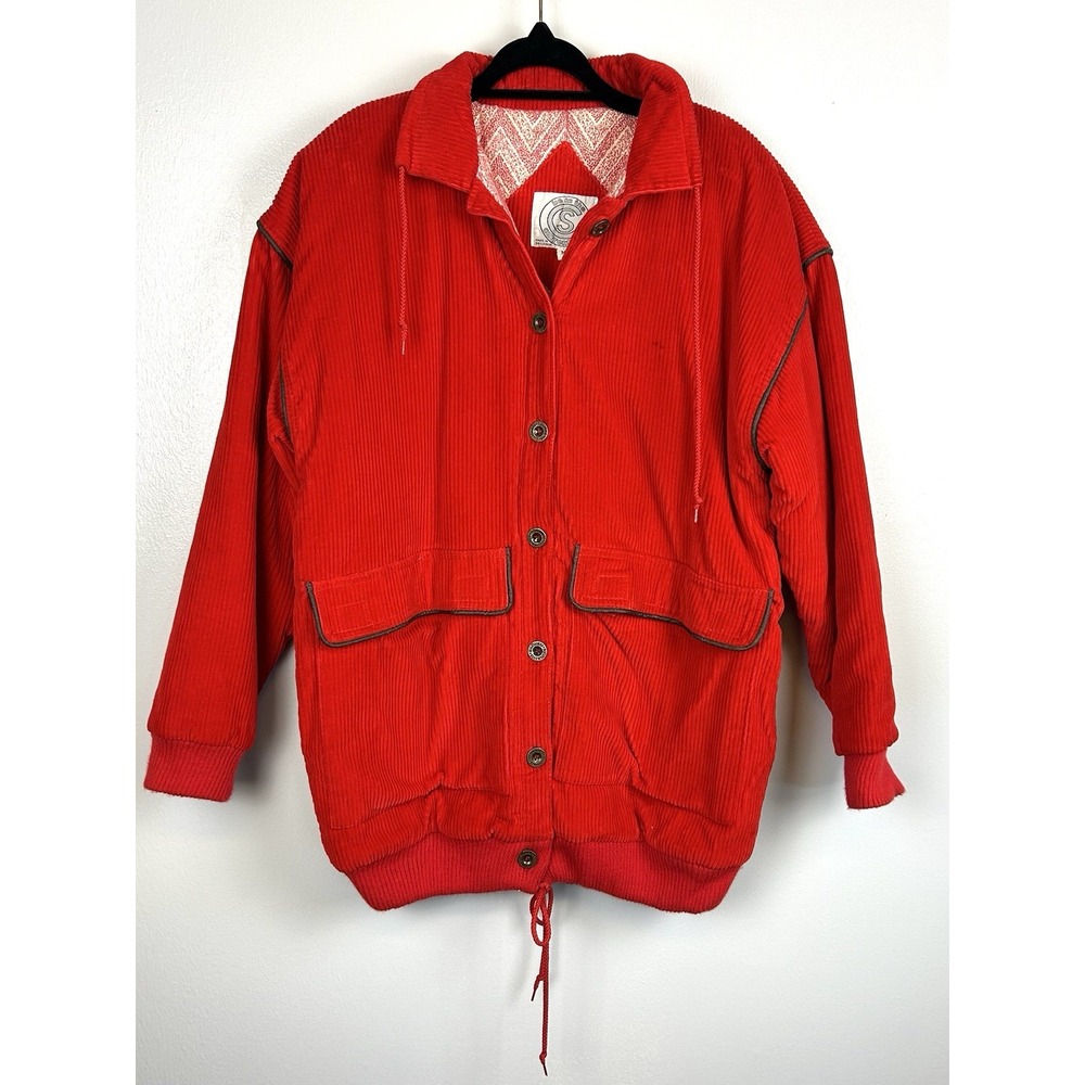 Vintage 80s Red Corduroy Jacket Medium Chore Coat Oversized Streetwear Retro